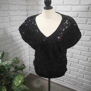 Ricki's Ladies Size Medium Cap Sleeves Black Sequin V-neck Top
